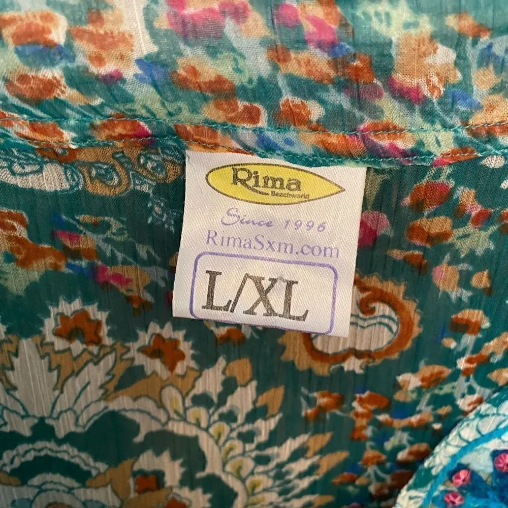 Rima Sz L/XL Teal Green Paisley Floral Sheer Embroidered Collar Beach Swim Cover